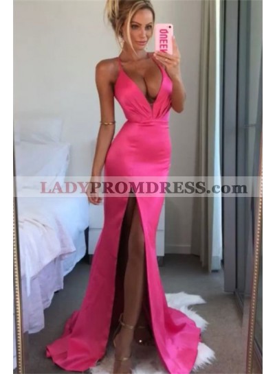 Sexy A Line Side Sheath Hot Pink Halter Open Front Elastic Satin 2023 Prom Dresses