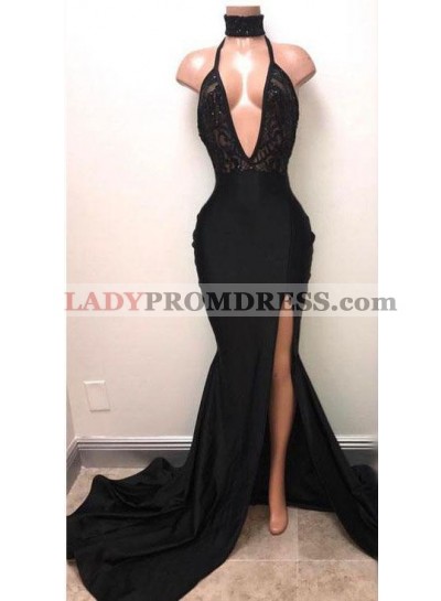2023 Sexy Mermaid Deep V Neck Side Slit Black Halter Lace Prom Dresses