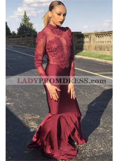Charming Mermaid Burgundy Long Sleeves Elastic Satin Prom Dresses 2023 With Appliques
