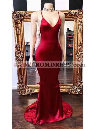2023 New Arrival Red Mermaid V Neck Backless Elastic Satin Prom Dresses