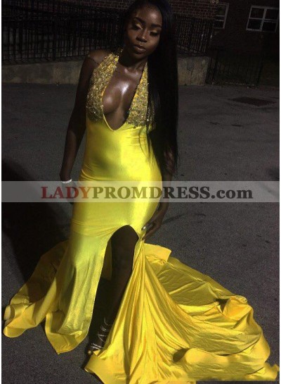 2023 Cheap Yellow Halter Backless Side Slit V Neck Beaded Prom Dresses