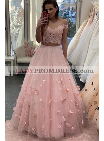 2023 Cheap A Line Pink Two Pieces Tulle Lace Off Shoulder Prom Dresses