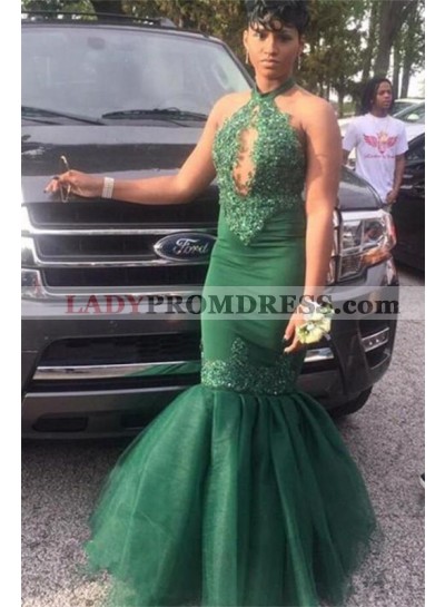 2023 Cheap Mermaid Hunter Green Halter Organza Open Front Lace Prom Dresses