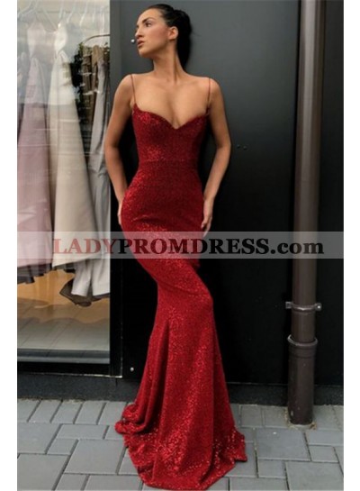 2023 Sexy Red Sweetheart Spaghetti Straps Sequence Long Prom Dresses