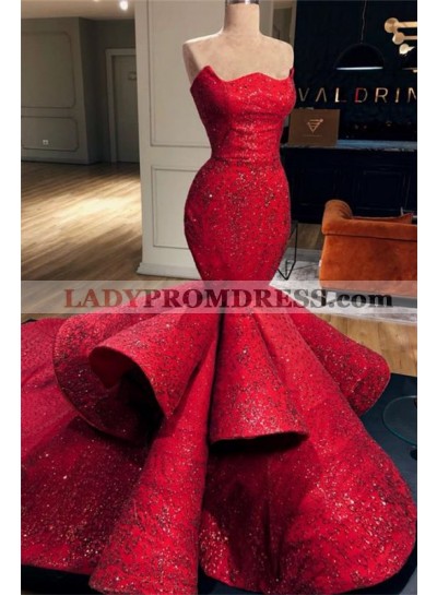 2023 Charming Red Mermaid Strapless Ruch Lace Long Prom Dresses