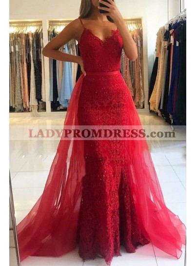 New Red Sheath 2022 V Neck Lace Detachable Tulle Prom Dresses