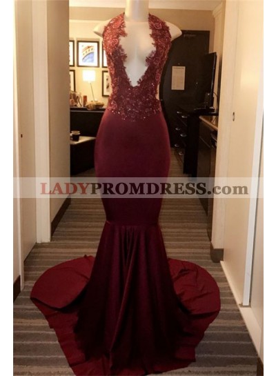 2023 New Arrival Sheath Burgundy V Neck Open Front Prom Dresses With Appliques