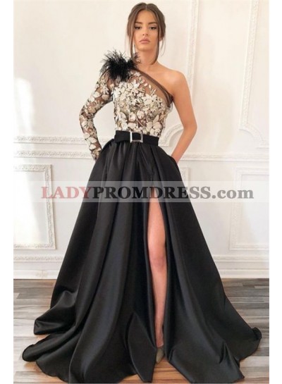 2023 Cheap A Line One Shoulder Black Side Slit Satin Floral Patterns Prom Dresses