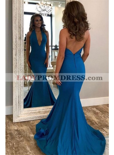 2023 Elegant Royal Blue V Neck Halter Backless Mermaid Prom Dresses