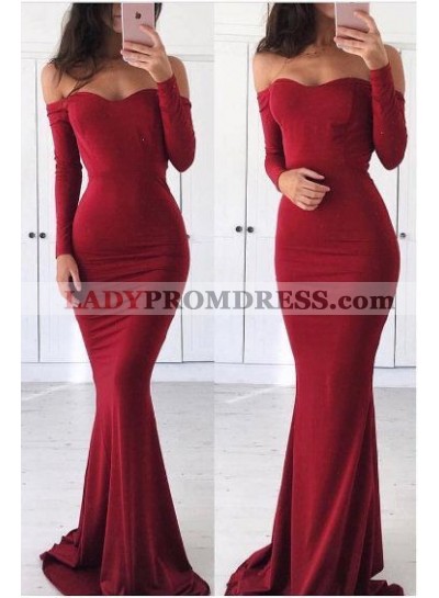 2023 New Arrival Sheath Long Sleeves Off Shoulder Burgundy Prom Dresses
