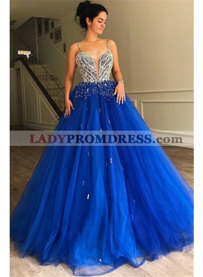 Cheap Royal Blue Sweetheart Beaded Open Front Tulle Ball Gown Prom Dresses 2023