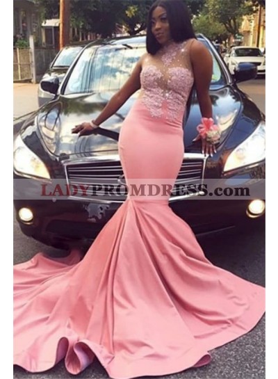 2022 Sexy Pink Satin Mermaid Lace Long Prom Dresses