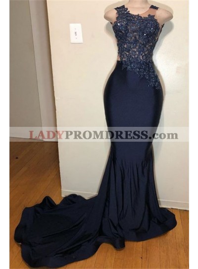 New Arrival Dark Navy Long Stretchy Prom Dresses 2023 With Appliques