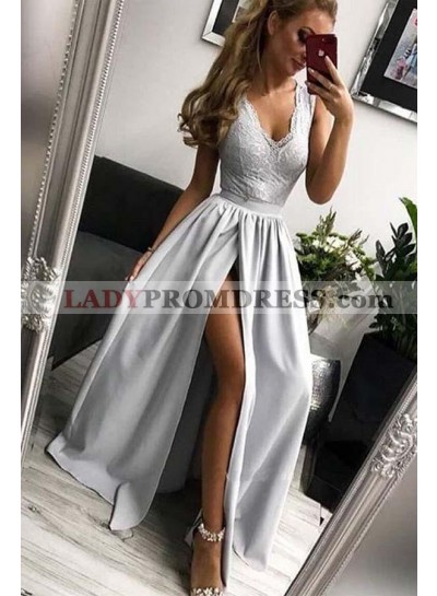 Cheap A Line Side Slit Silver Lace Satin 2023 Prom Dresses