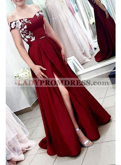 Newly A Line Off Shoulder Burgundy Satin Belt Embroidery Prom Dresses 2023