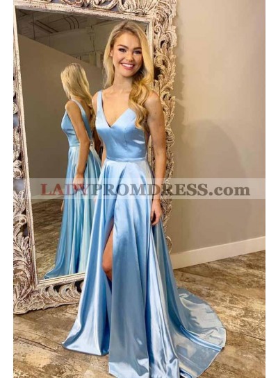 New Arrival A Line Blue Elastic Satin V Neck Side Slit Prom Dresses 2023