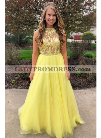 2023 New Arrival A Line Tulle Daffodil Tulle Cheap Prom Dresses With Appliques