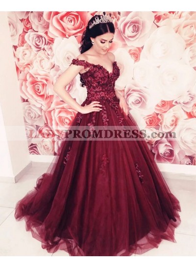 Elegant A Line Off Shoulder Sweetheart Tulle Floral Patterns Burgundy Prom Dresses 2022