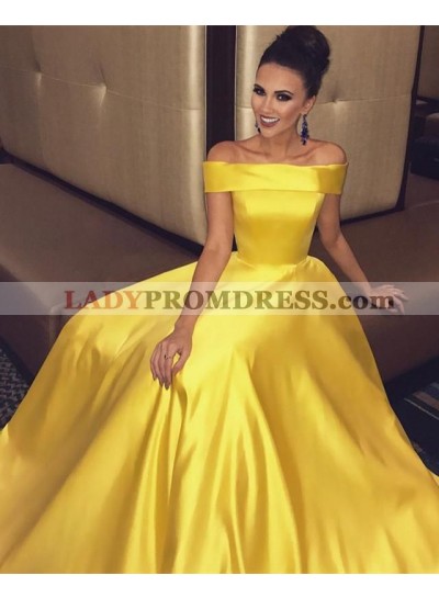 2023 Cheap A Line Off Shoulder Daffodil Elastic Satin Prom Dresses