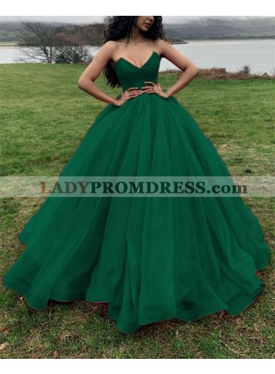 2023 New Arrival Sweetheart Strapless Tulle Hunter Green Ball Gown Prom Dresses