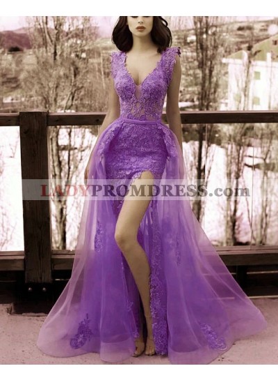 Amazing Sheath Side Slit Tulle V Neck Lace Detachable Train Lilac Prom Dresses 2023