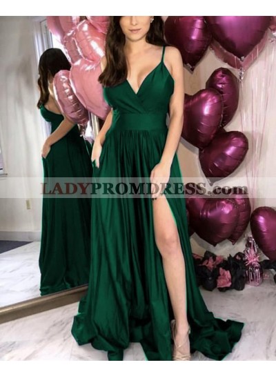 2022 Cheap A Line Elastic Satin Sweetheart Side Slit Spaghetti Straps Prom Dresses