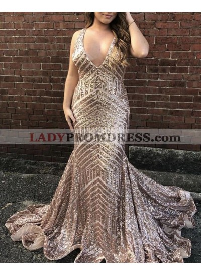 2023 Sexy Mermaid Sequence Dusty Rose V Neck Backless Long Prom Dresses