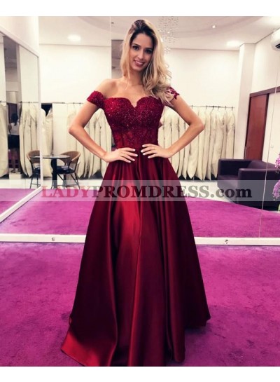 2023 New Arrival A Line Hunter Off Shoulder Sweetheart Burgundy Prom Dresses With Appliques