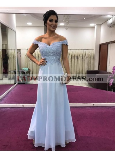 Cheap A Line Light Sky Blue Chiffon Off Shoulder Sweetheart Prom Dresses 2023