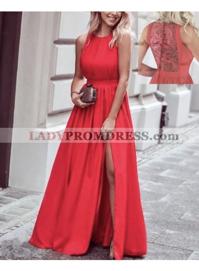 Cheap A Line Red Side Slit Scoop Satin Lace Prom Dresses 2023