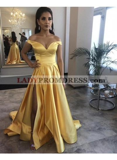 2023 Cheap A Line Satin Daffodil Off Shoulder Sweetheart Side Slit Long Prom Dresses