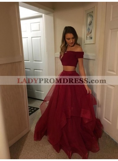 New Arrival A Line Two Pieces Burgundy Tulle Off Shoulder 2023 Prom Dresses