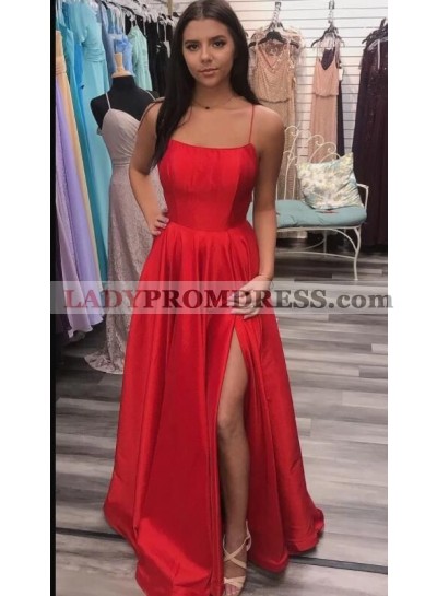Amazing A Line Red Side Slit Spaghetti Straps Cheap 2023 Prom Dresses