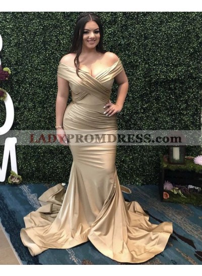 2023 Charming Off Shoulder Mermaid Champagne Silk Like Satin Plus Size Prom Dresses