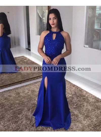 Cheap 2023 Royal Blue Sheath Side Slit Beaded Backless Halter Prom Dresses