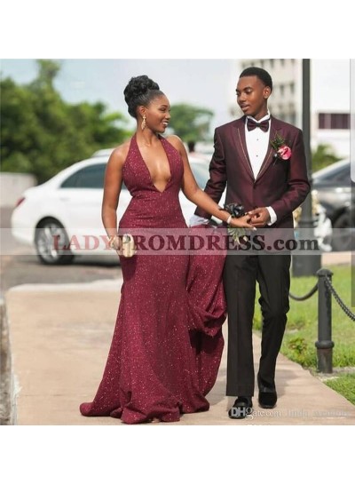 2023 Sexy Burgundy Halter V Neck Backless Sequence Prom Dresses