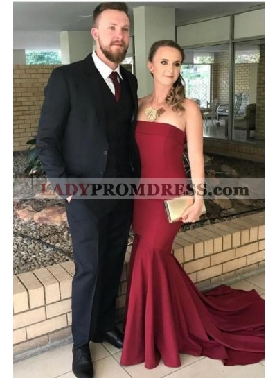 Sexy Strapless Satin Mermaid 2023 Burgundy Long Prom Dresses
