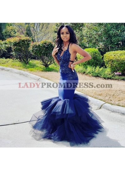 2023 Cheap Mermaid Royal Blue Tulle Halter Backless Layered Prom Dresses With Appliques