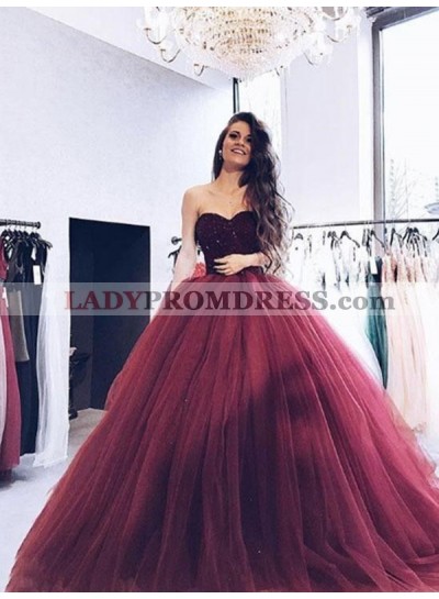 2023 New Arrival Tulle Burgundy Sweetheart Sequence Ball Gown Prom Dresses