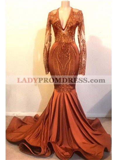 2023 Sexy Mermaid Long Sleeves Coral V Neck Satin Prom Dresses With Appliques