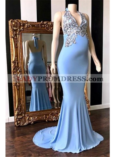 2023 Cheap Sheath Blue Halter Backless Beaded Maternity Prom Dresses
