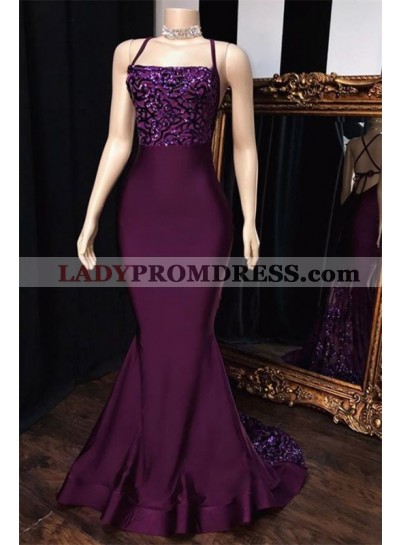 Sexy Grape Mermaid Halter Satin 2023 Lace Prom Dresses