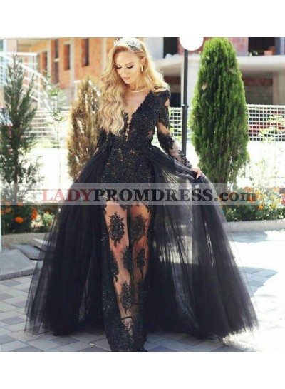 2023 Sexy Black Sheath Long Sleeves See Through Detachable Train Prom Dresses