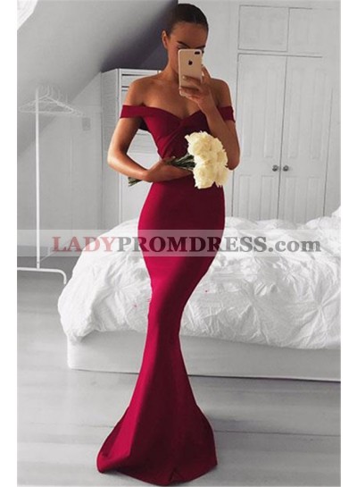 2022 Charming Off Shoulder Satin Burgundy Long Sweetheart Prom Dresses