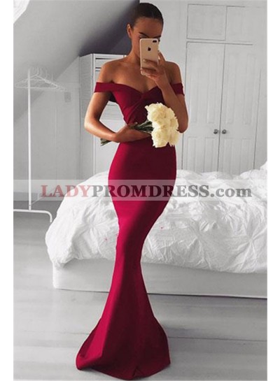 2023 Charming Off Shoulder Satin Burgundy Long Sweetheart Prom Dresses
