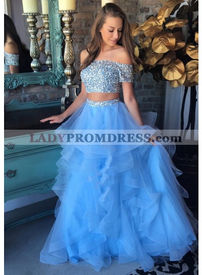 2023 Cheap A Line Tulle Off Shoulder Two Pieces Sequence Blue Prom Dresses