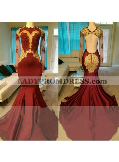 2023 New Arrival Mermaid Burgundy Long Sleeves Backless Gold Appliques Prom Dresses