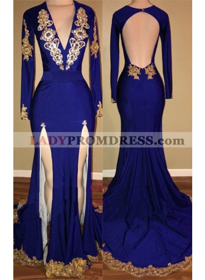 2023 Royal Blue Side Slit Long Sleeves V Neck Backless Gold Appliques Prom Dresses