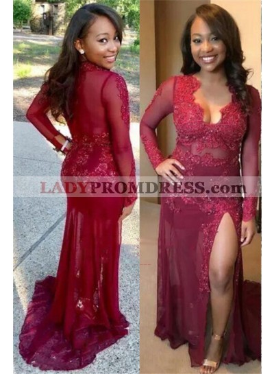 2023 Cheap Long Sleeves Side Slit Tulle Burgundy Lace Prom Dresses