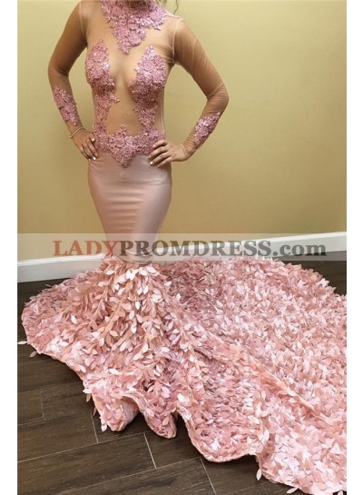 2023 Pink Mermaid Long Sleeves Pink See Through High Neck Leaves Prom Dresses